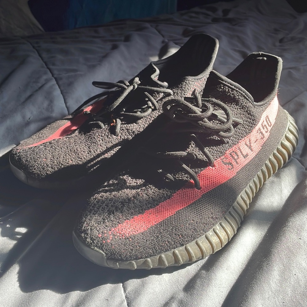 Red Stripe Yeezy 350s